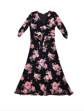 Harlow & Rose Floral Black Pink Maxi Dress Size Large Flowy Stretchy